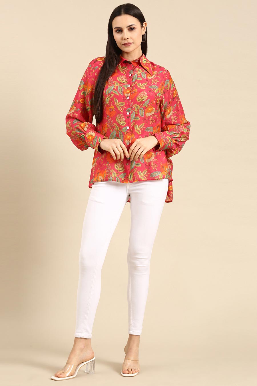 Pink Floral Printed Muslin Shirt