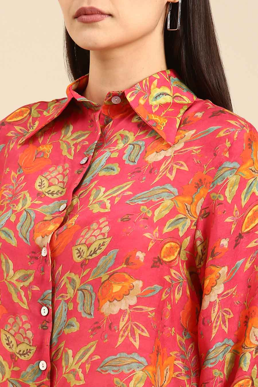 Pink Floral Printed Muslin Shirt