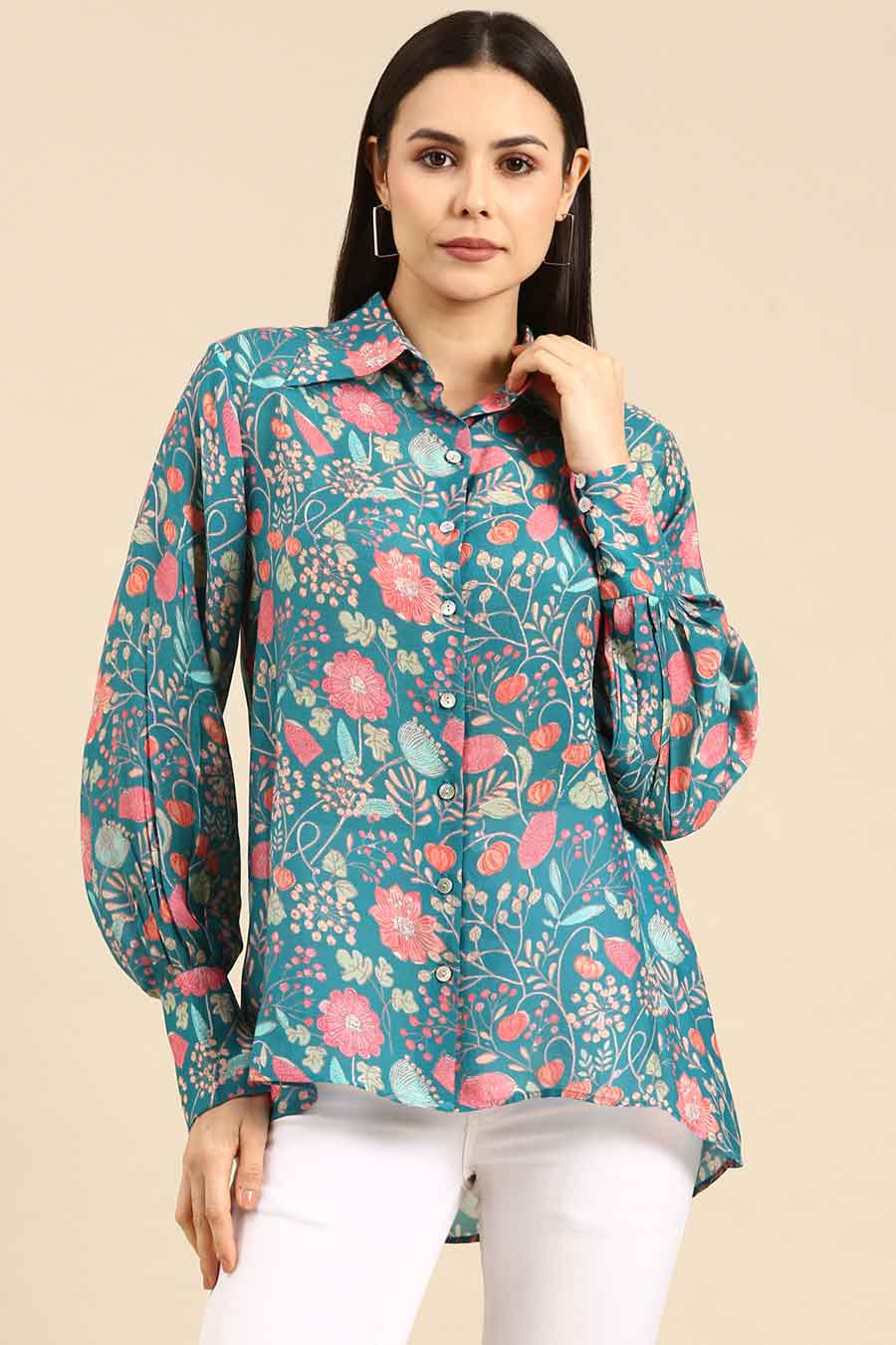 Blue Pink Printed Muslin Shirt