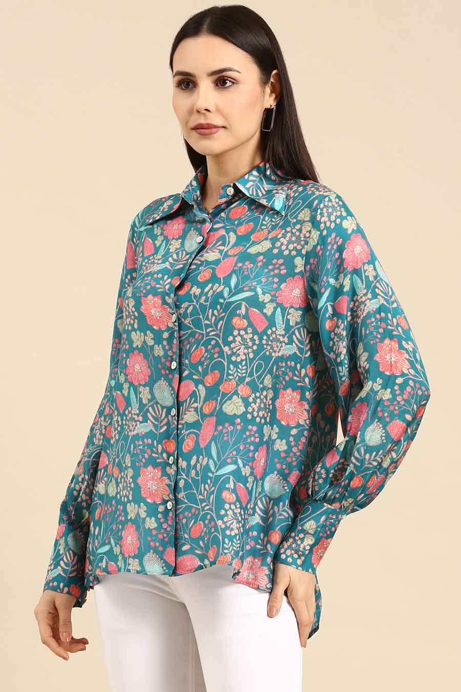 Blue Pink Printed Muslin Shirt