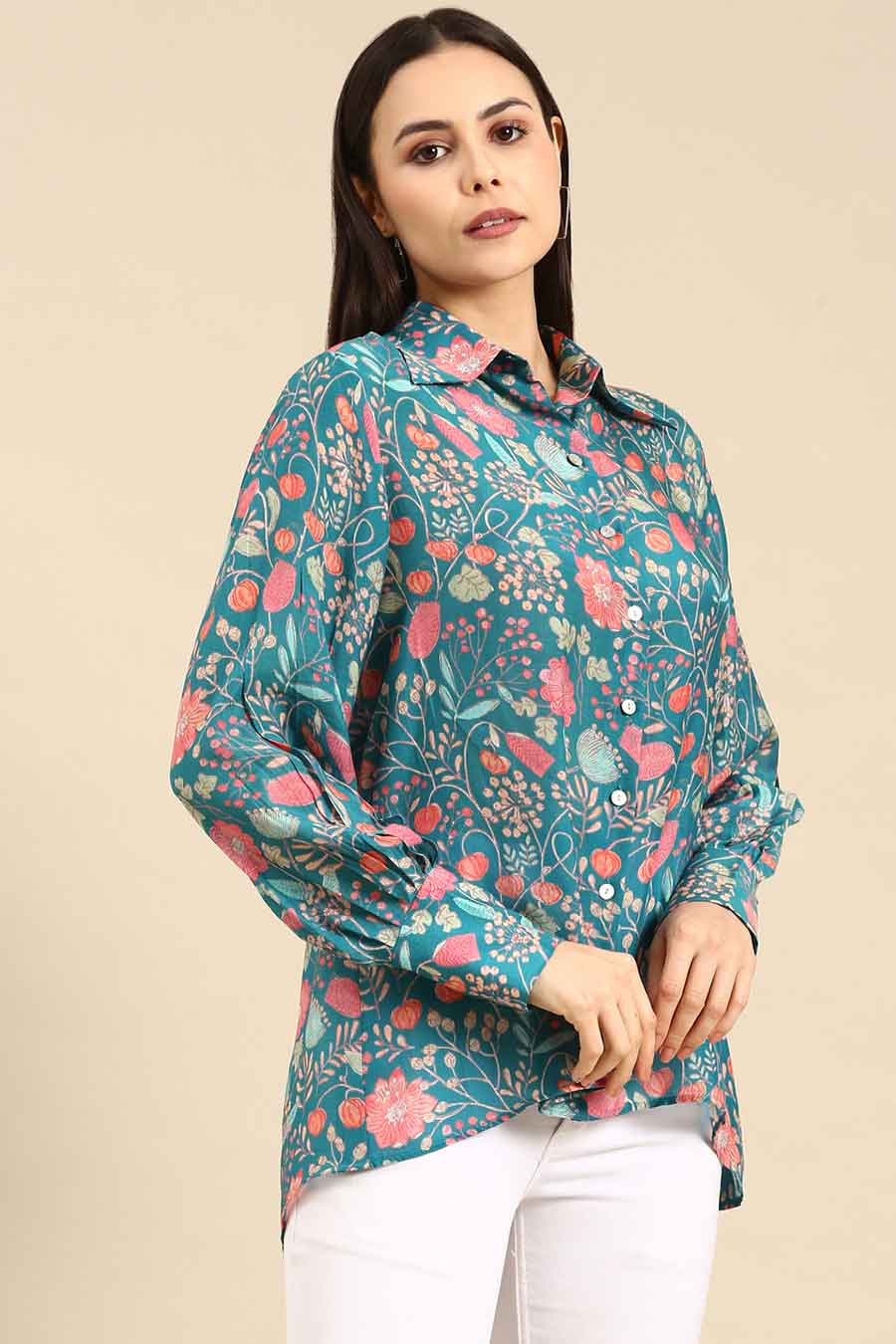 Blue Pink Printed Muslin Shirt