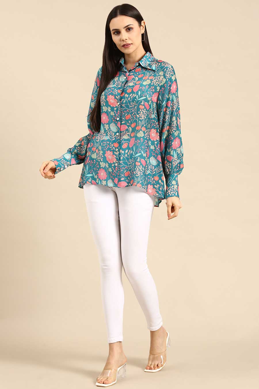 Blue Pink Printed Muslin Shirt