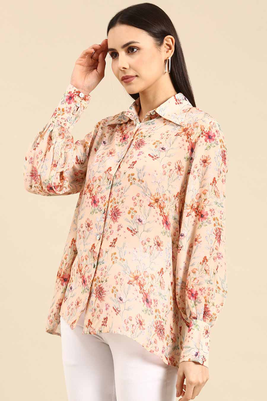 Peach Floral Print Muslin Shirt