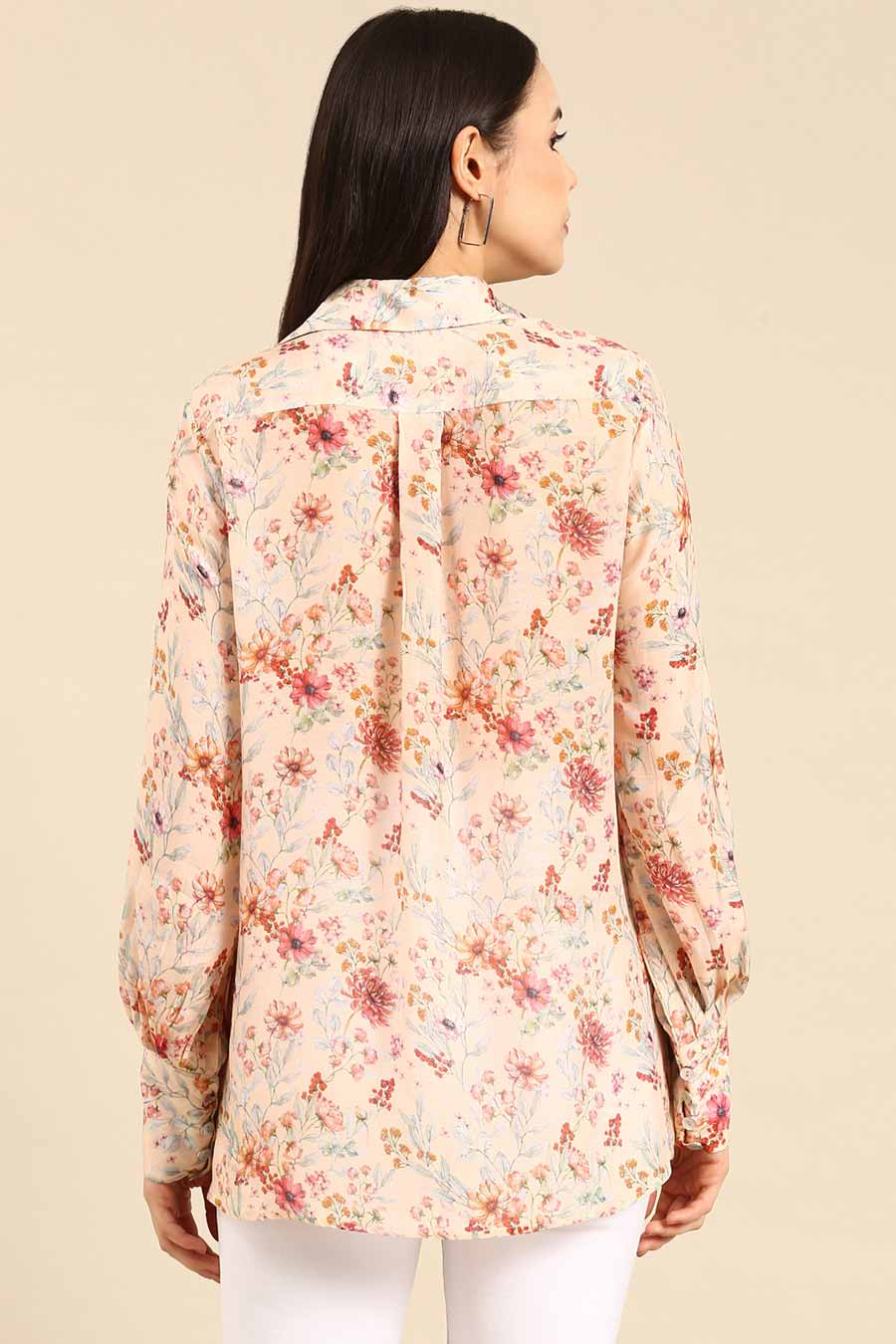 Peach Floral Print Muslin Shirt