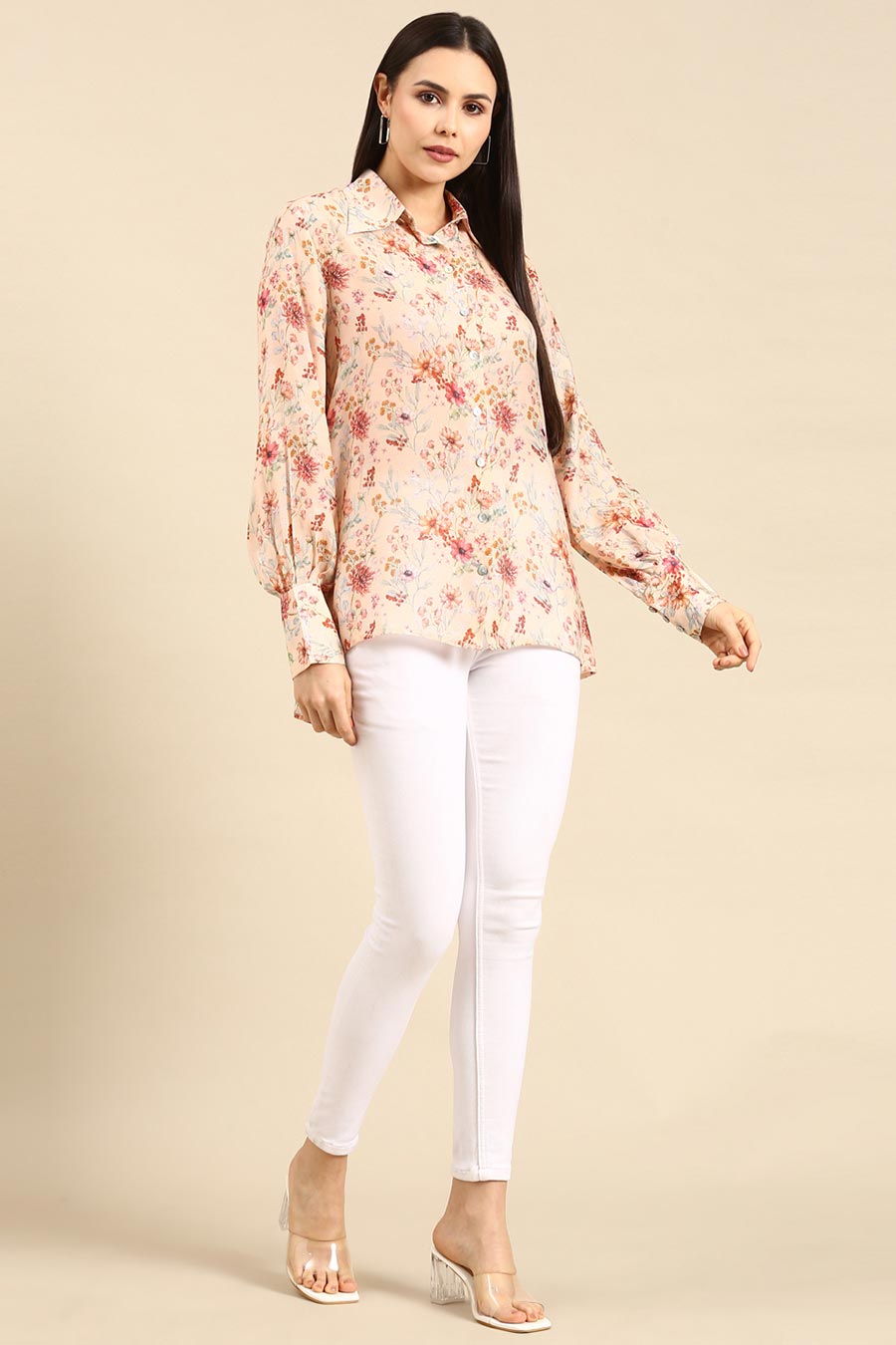 Peach Floral Print Muslin Shirt