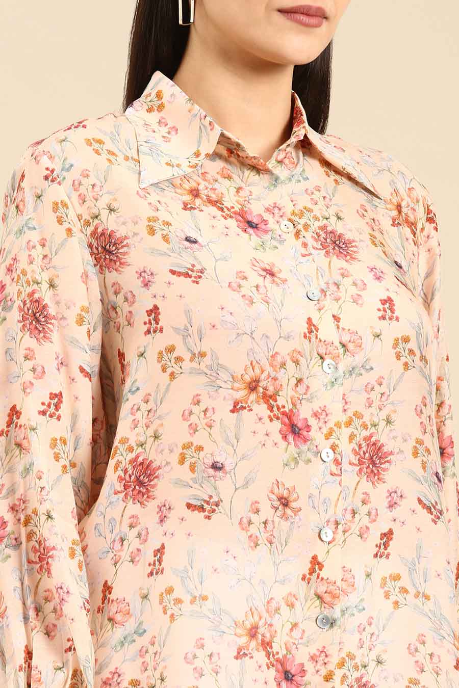 Peach Floral Print Muslin Shirt