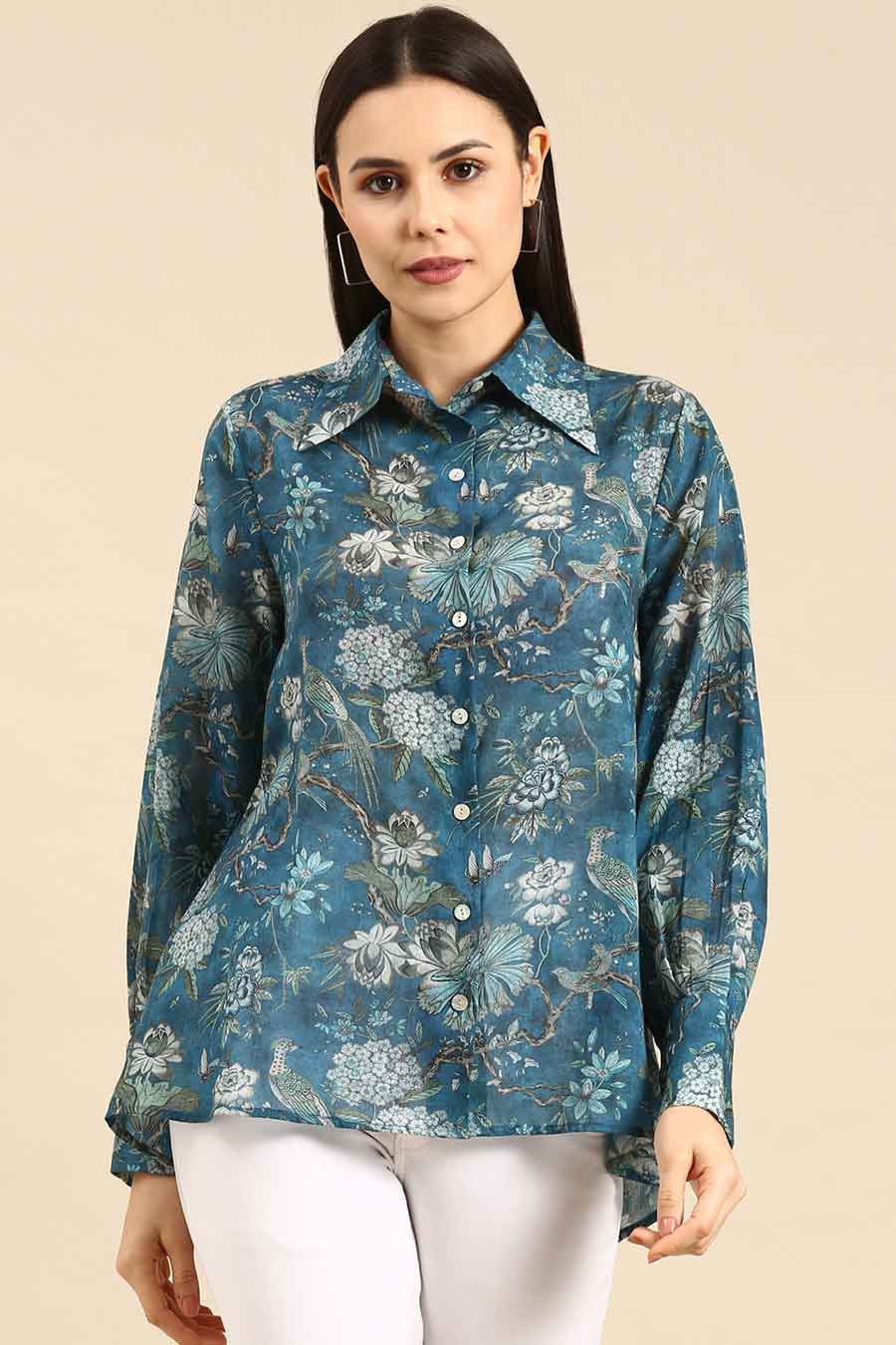 Blue Muslin Cotton Printed Shirt