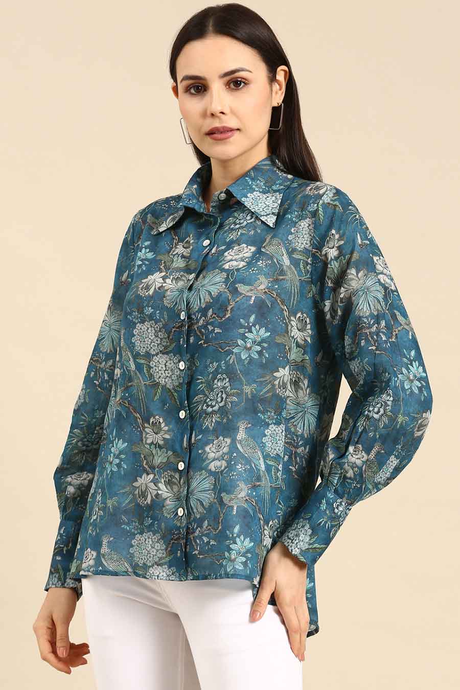 Blue Muslin Cotton Printed Shirt