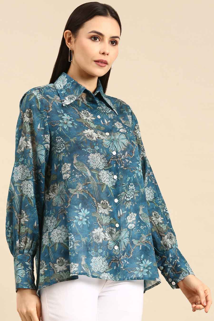 Blue Muslin Cotton Printed Shirt