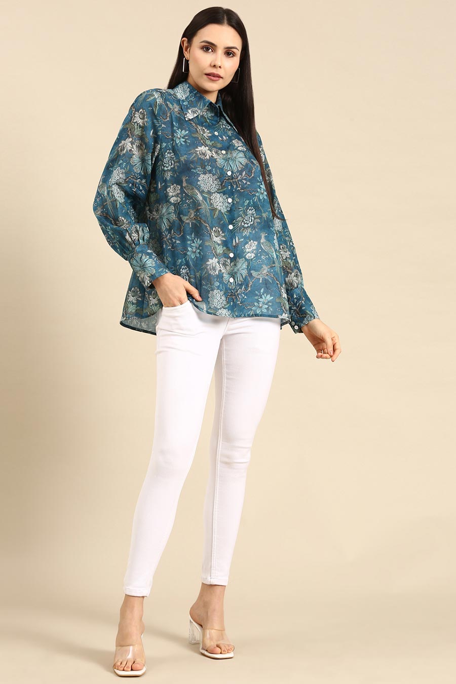 Blue Muslin Cotton Printed Shirt