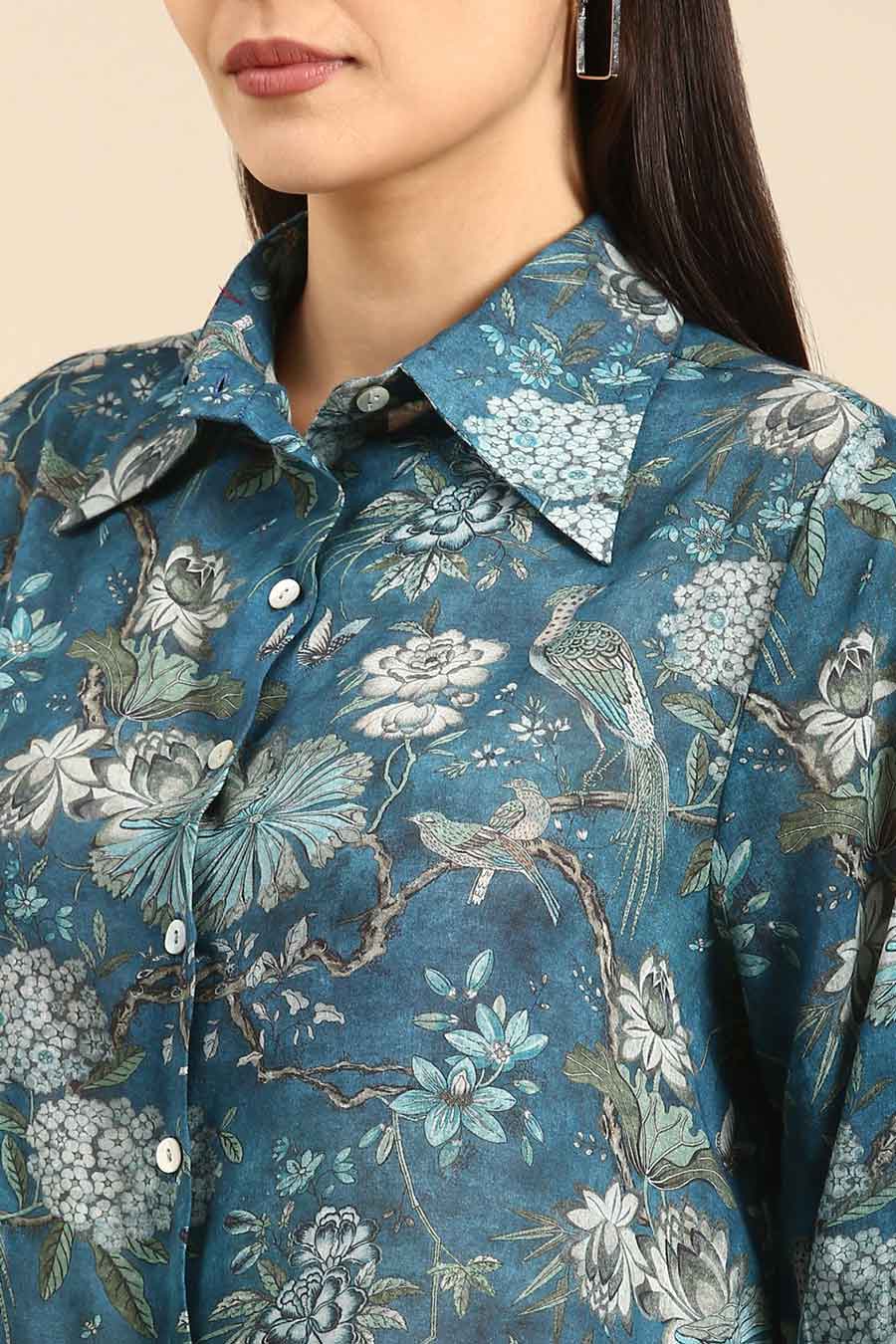 Blue Muslin Cotton Printed Shirt