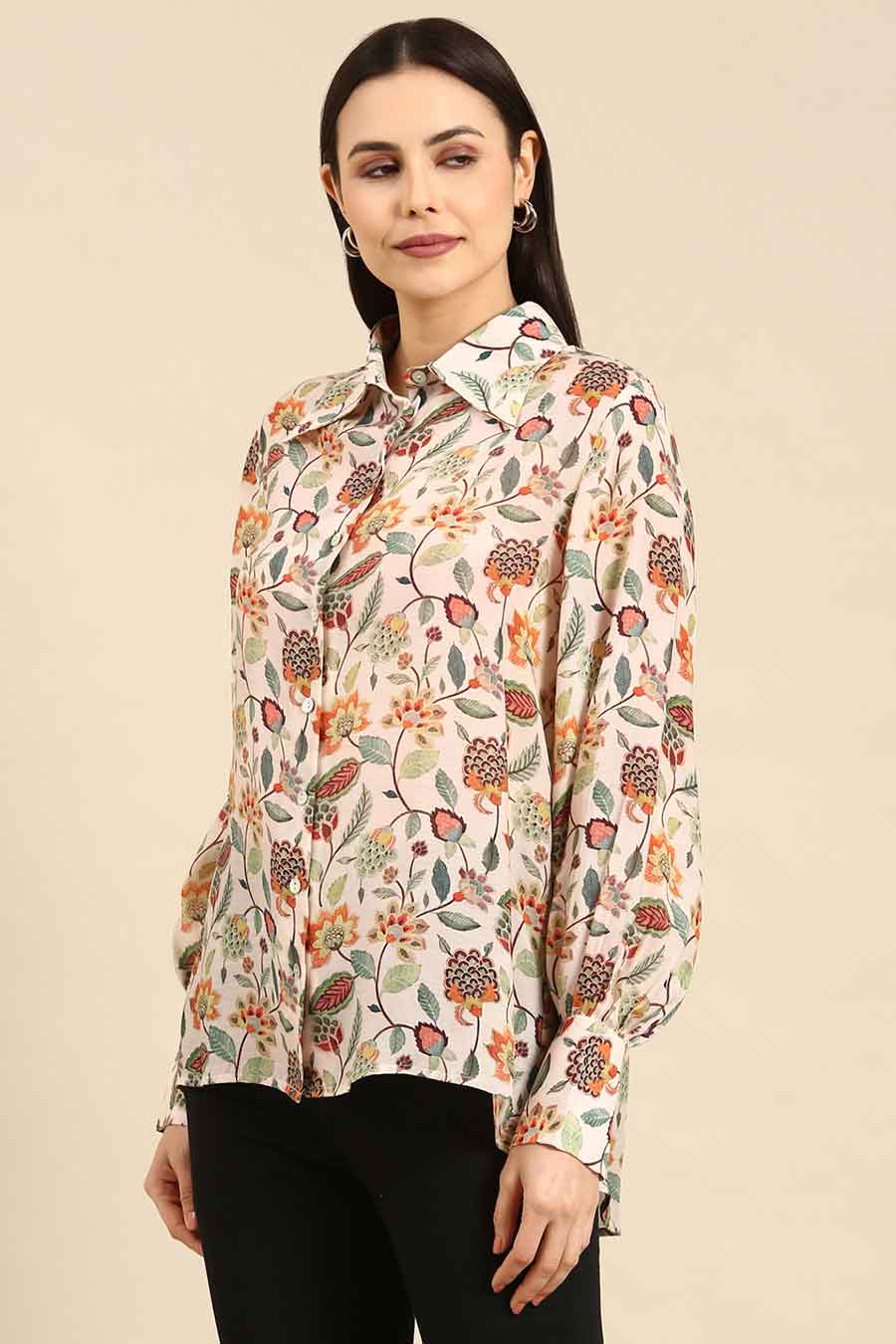 Cream Floral Print Muslin Shirt
