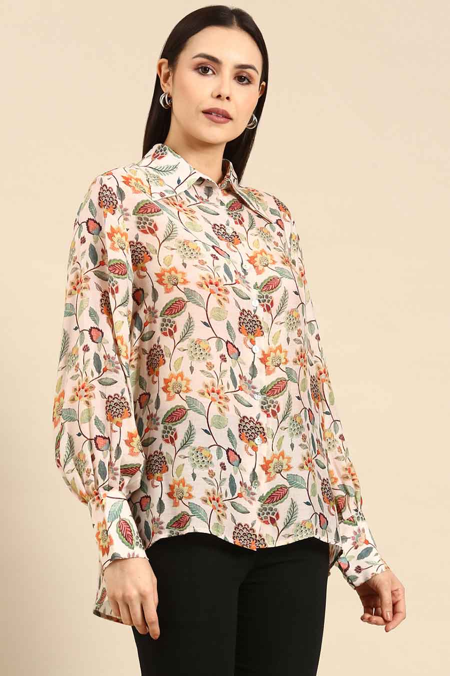 Cream Floral Print Muslin Shirt