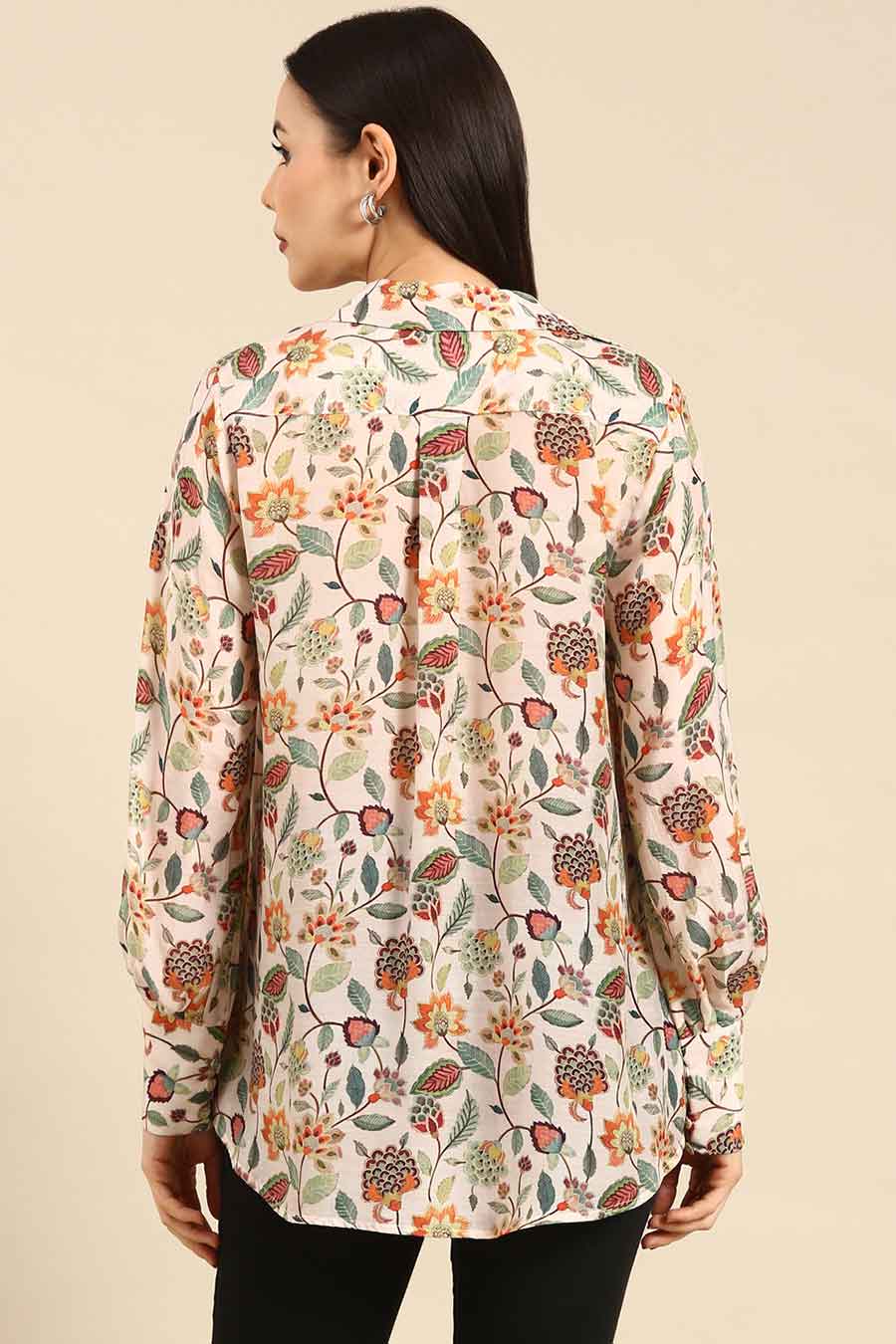Cream Floral Print Muslin Shirt