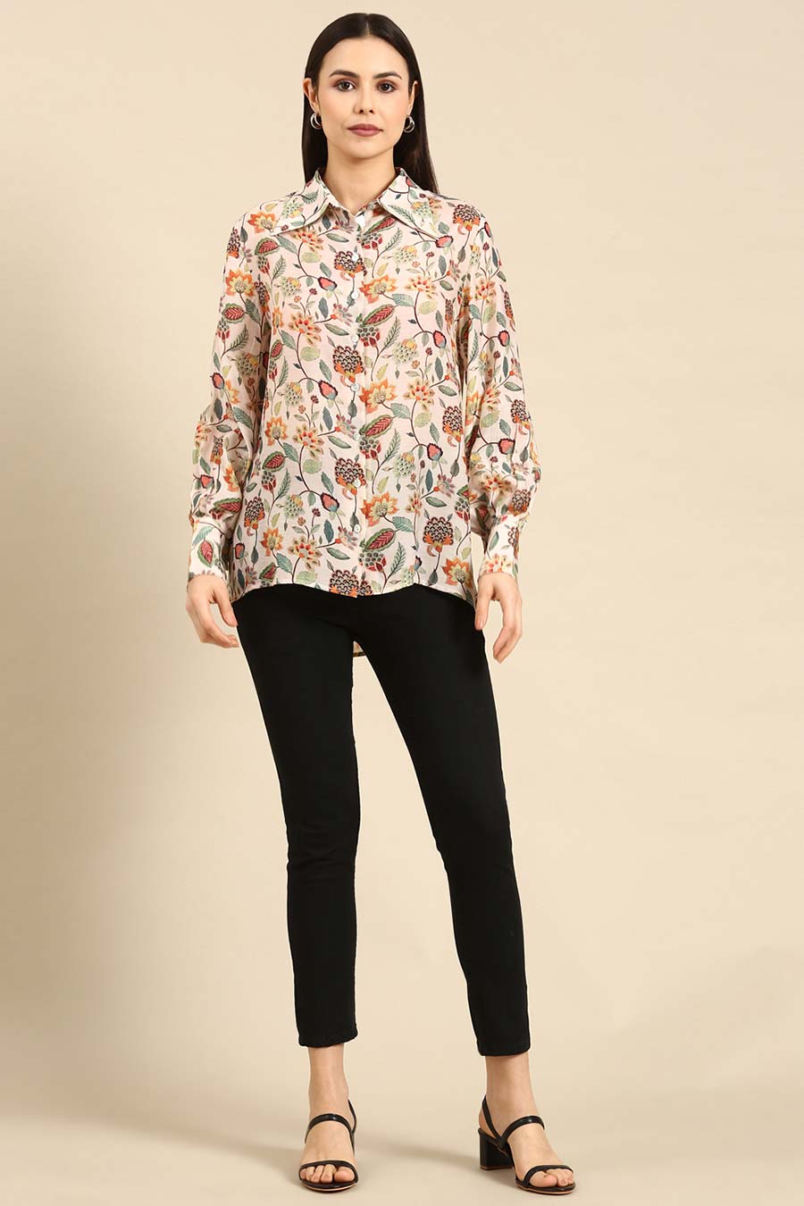 Cream Floral Print Muslin Shirt