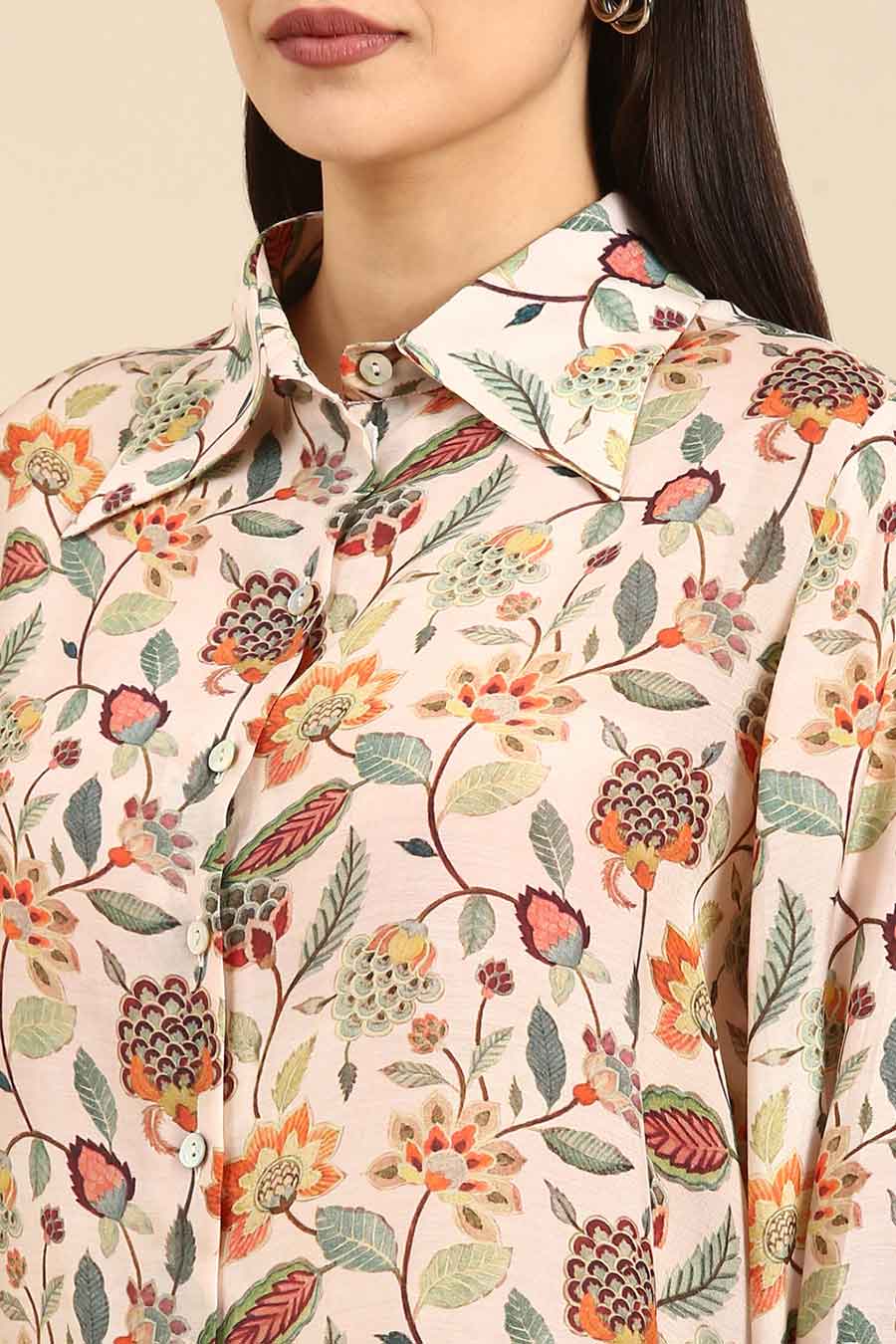 Cream Floral Print Muslin Shirt