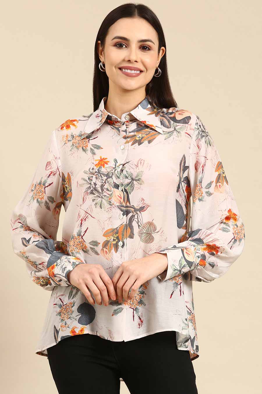 Off-White Floral Print Muslin Shirt