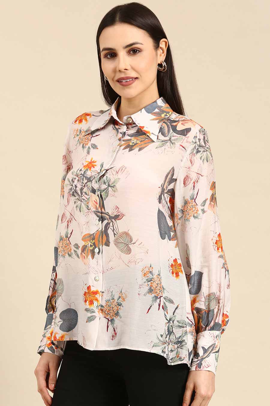 Off-White Floral Print Muslin Shirt