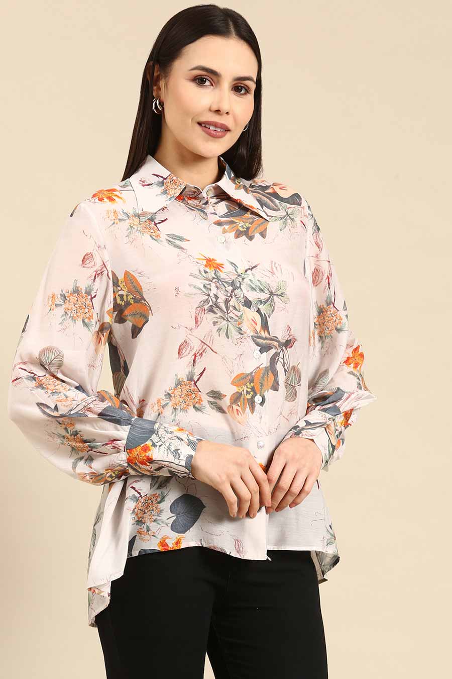 Off-White Floral Print Muslin Shirt