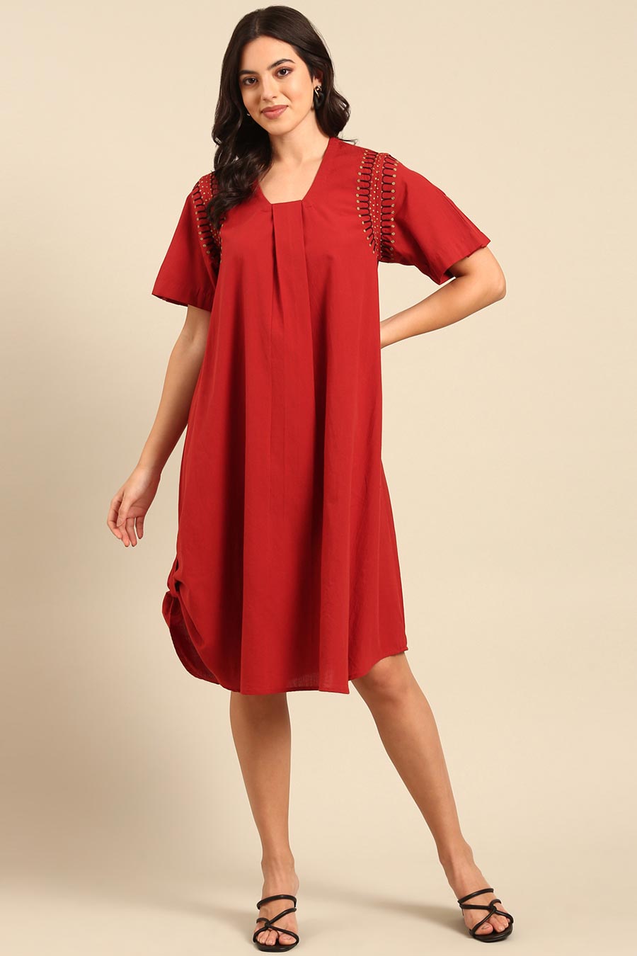 Red Embroidered A-Line Dress