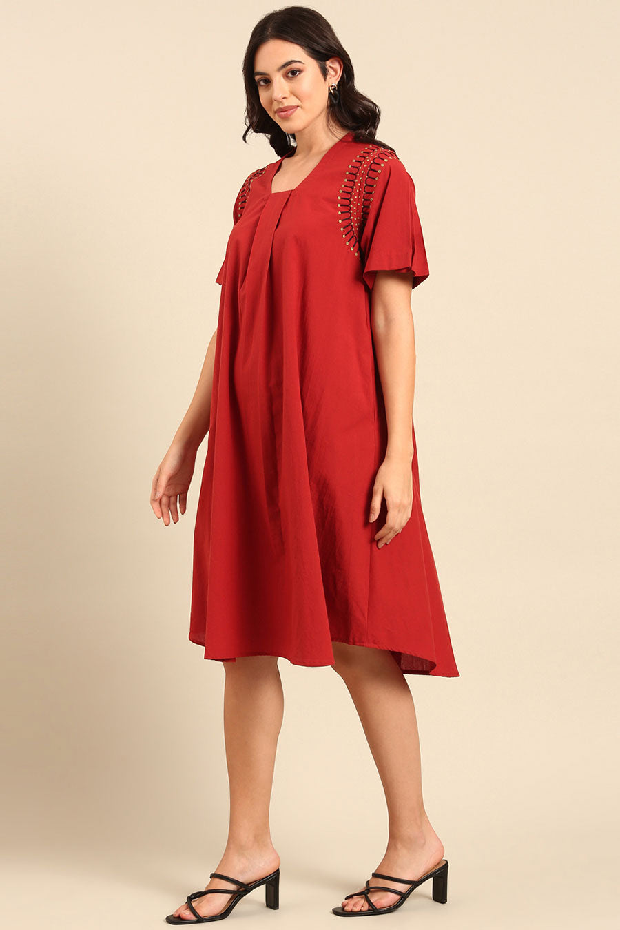 Red Embroidered A-Line Dress