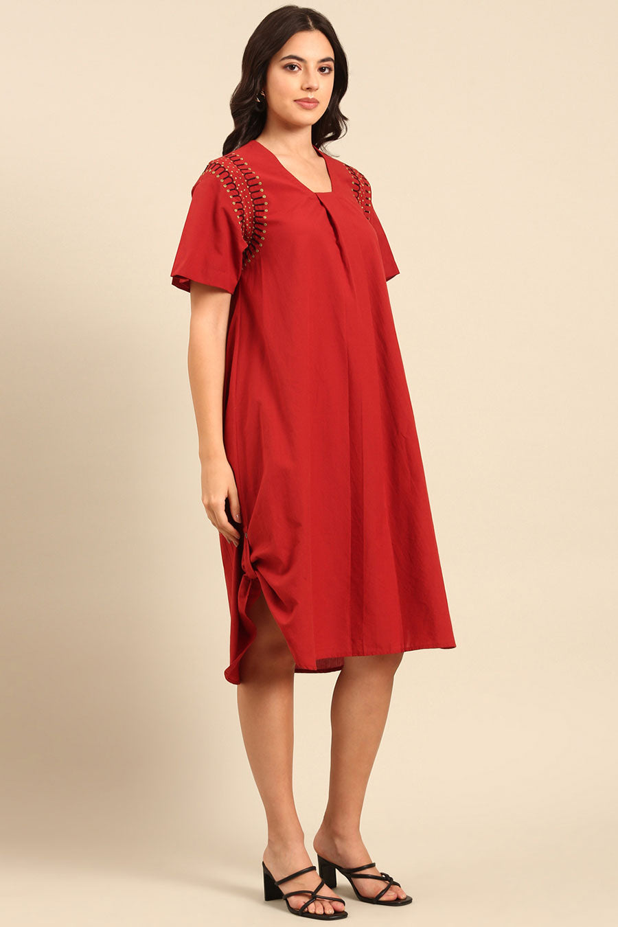 Red Embroidered A-Line Dress