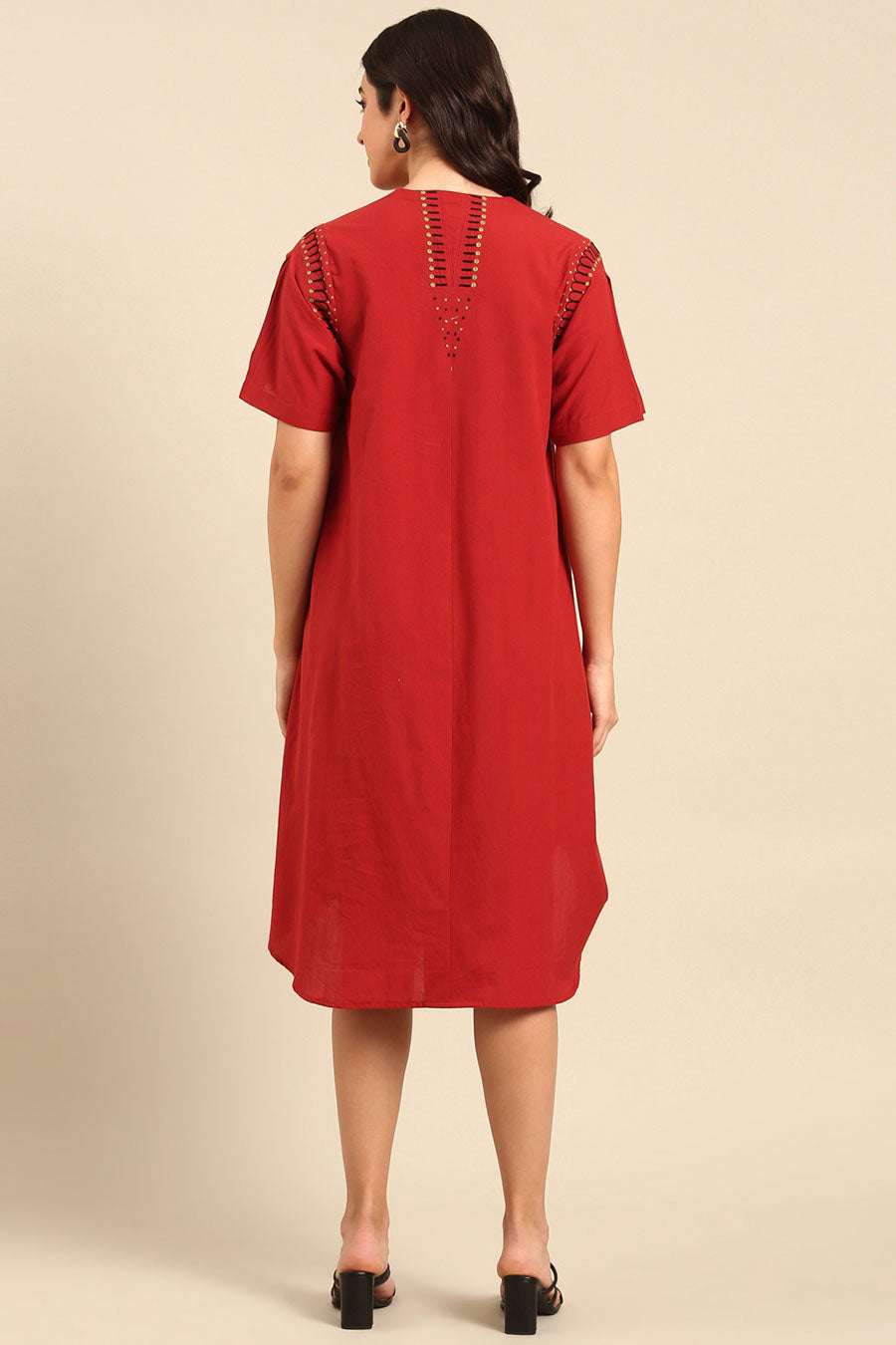 Red Embroidered A-Line Dress