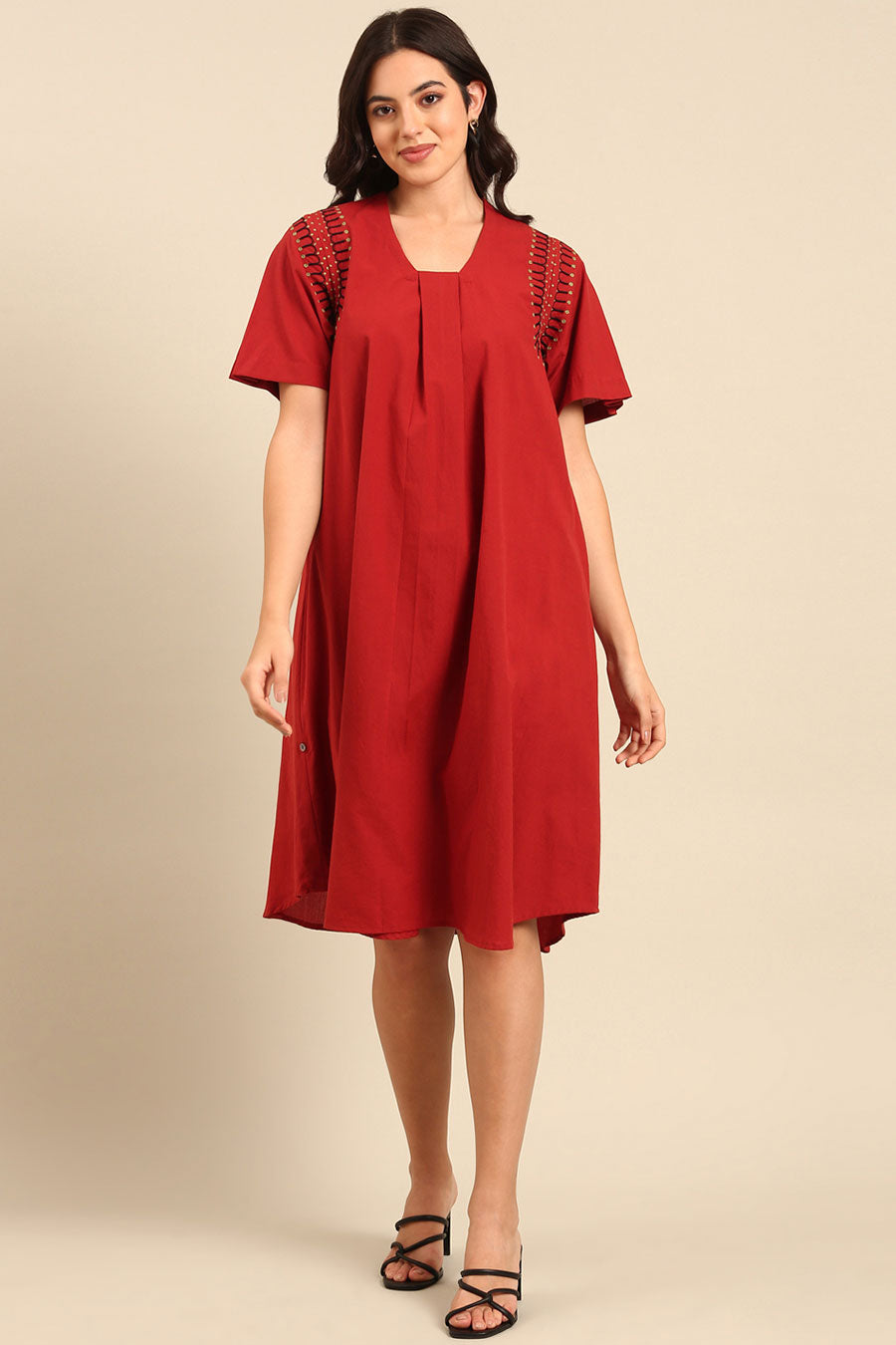 Red Embroidered A-Line Dress