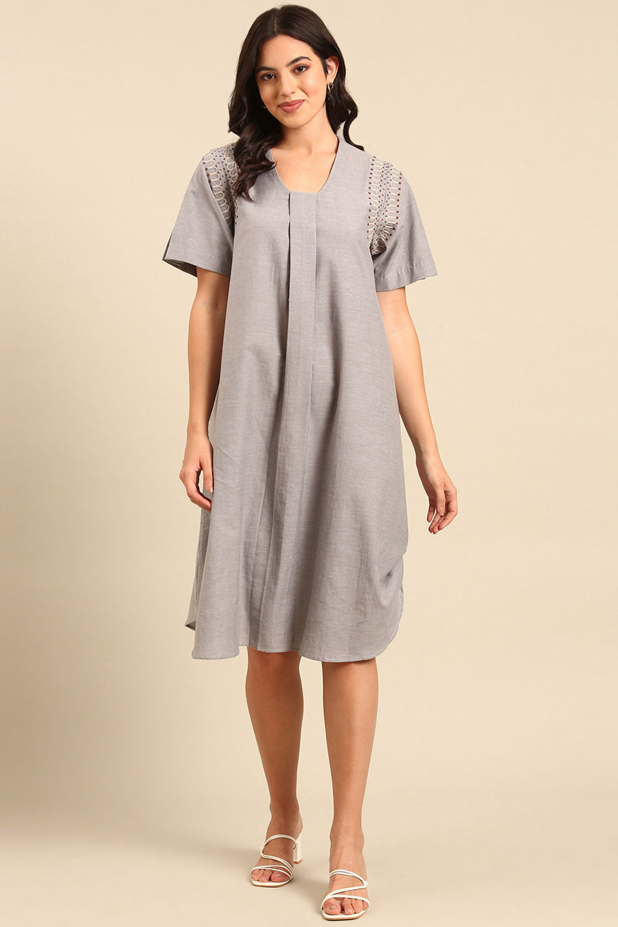 Grey Embroidered A-Line Dress