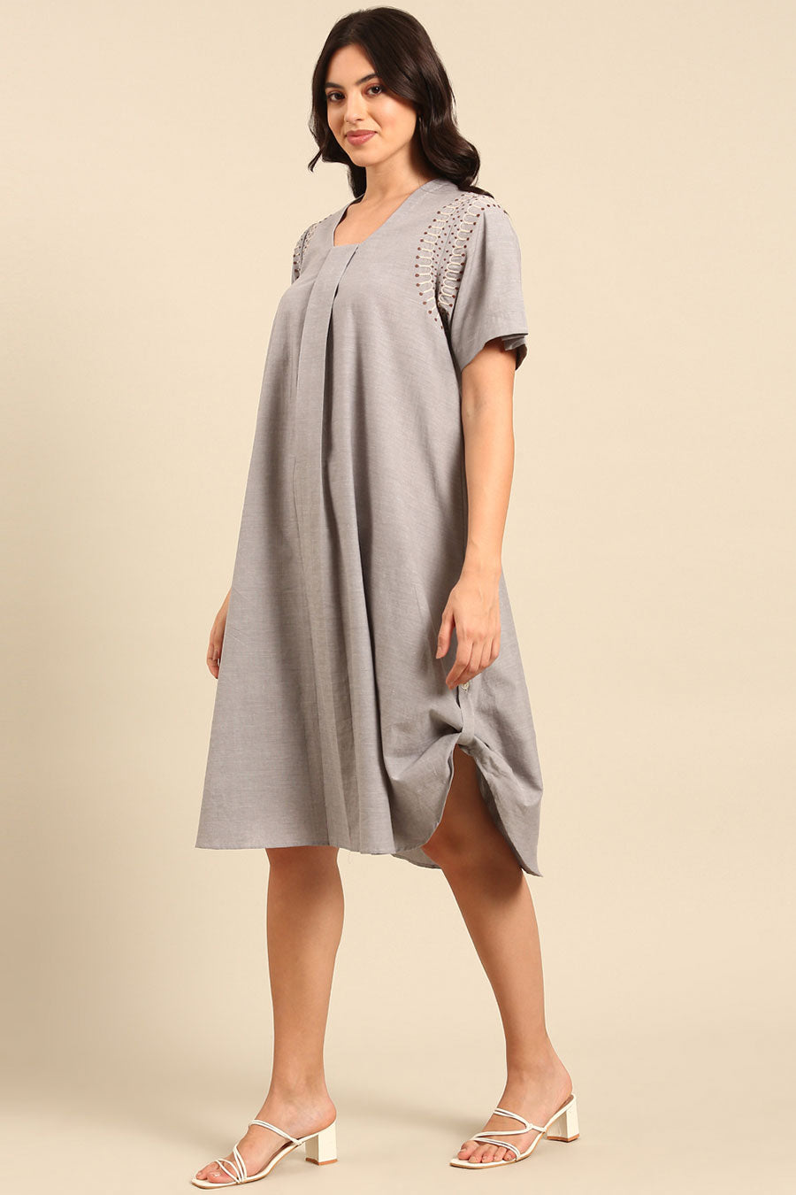 Grey Embroidered A-Line Dress