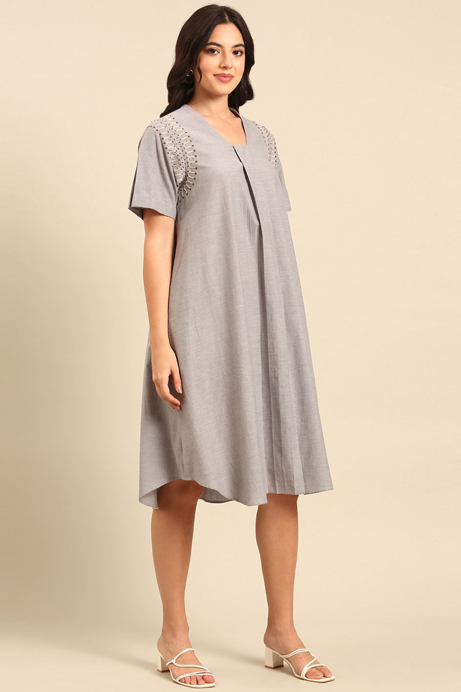 Grey Embroidered A-Line Dress