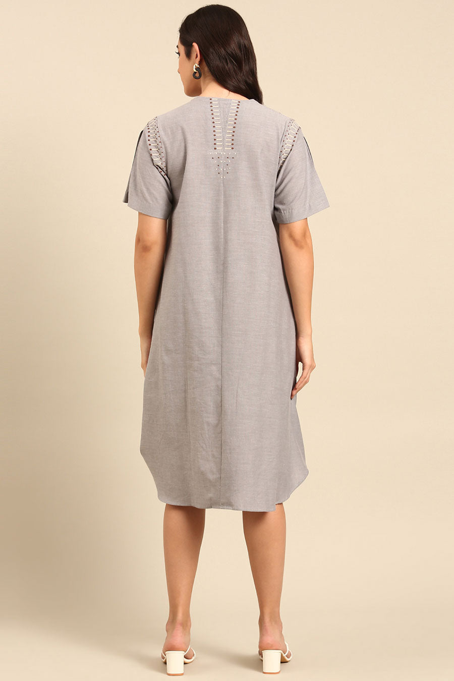 Grey Embroidered A-Line Dress