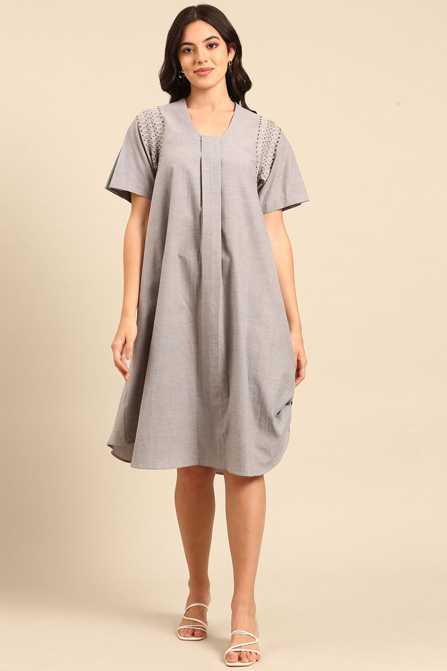 Grey Embroidered A-Line Dress