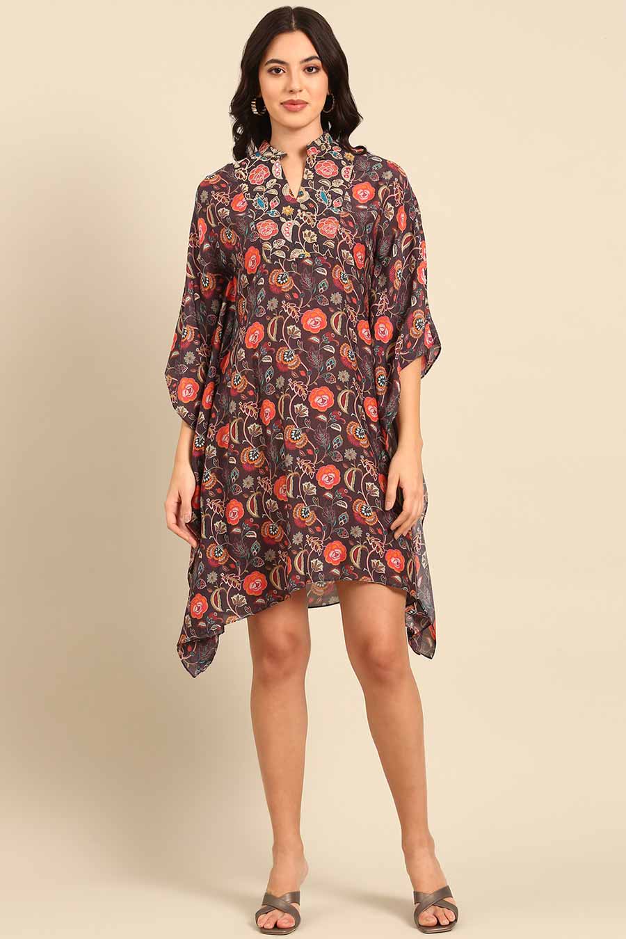 Brown Printed Kaftan Short Dress