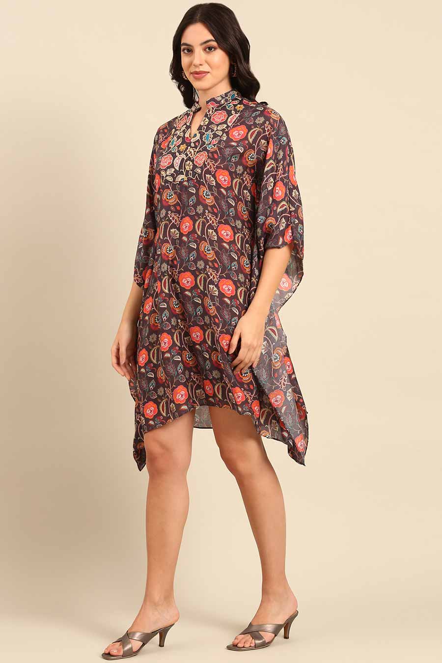 Brown Printed Kaftan Short Dress