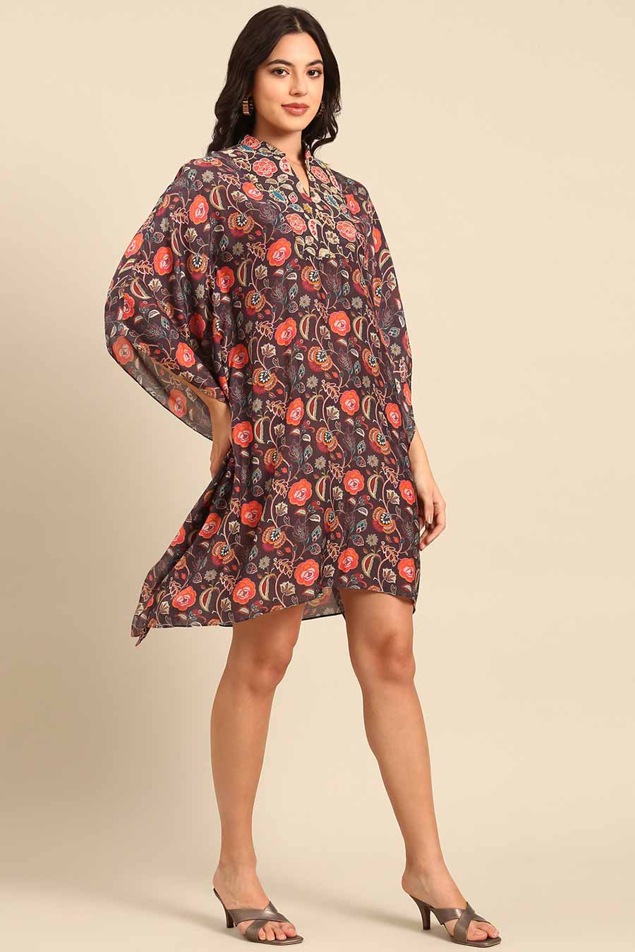 Brown Printed Kaftan Short Dress