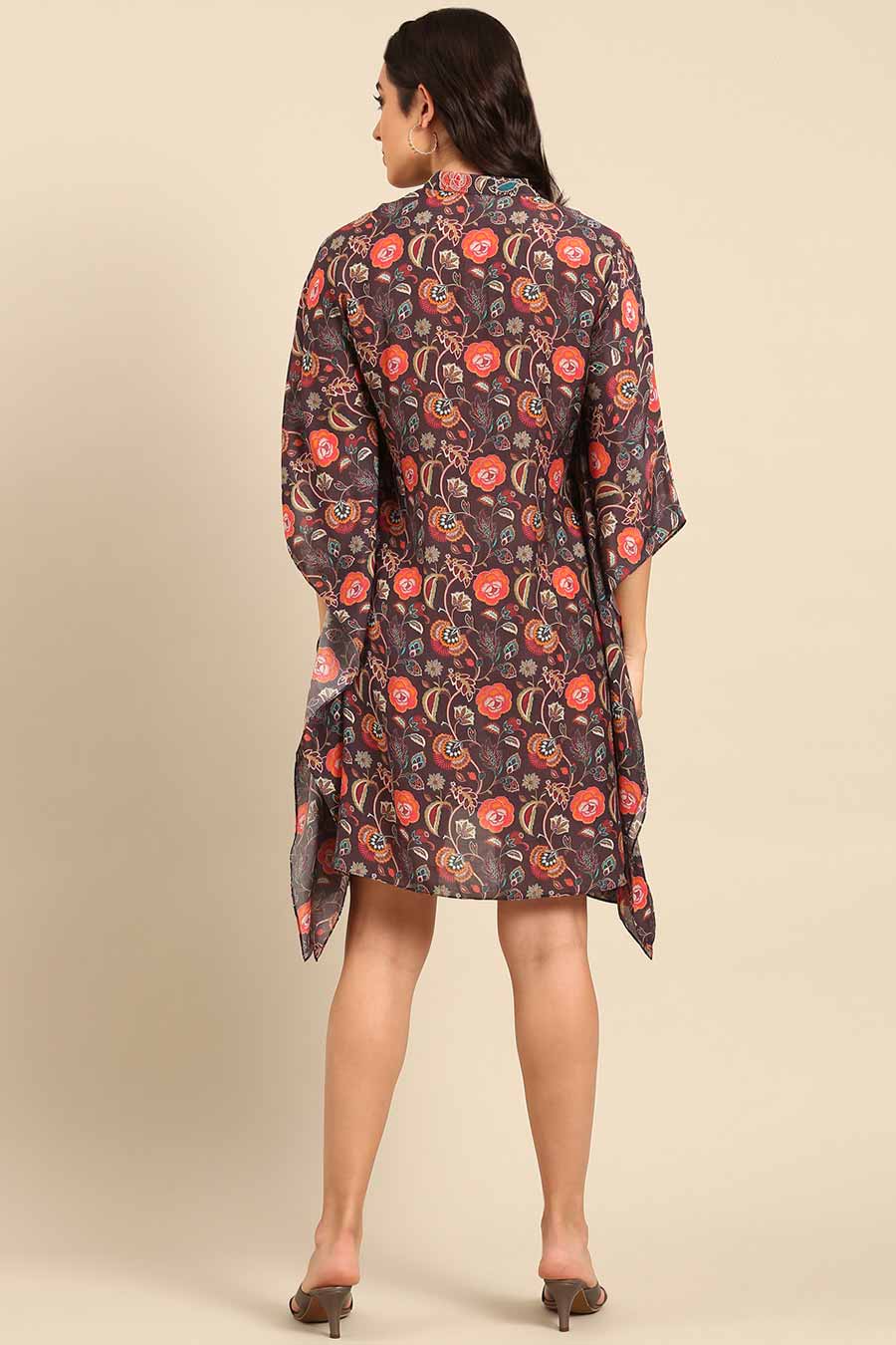 Brown Printed Kaftan Short Dress