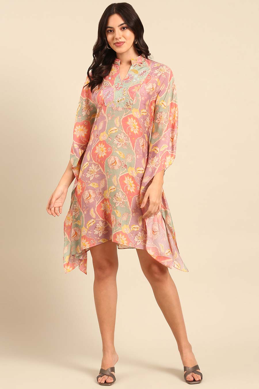 Peach Printed Kaftan Short Dress