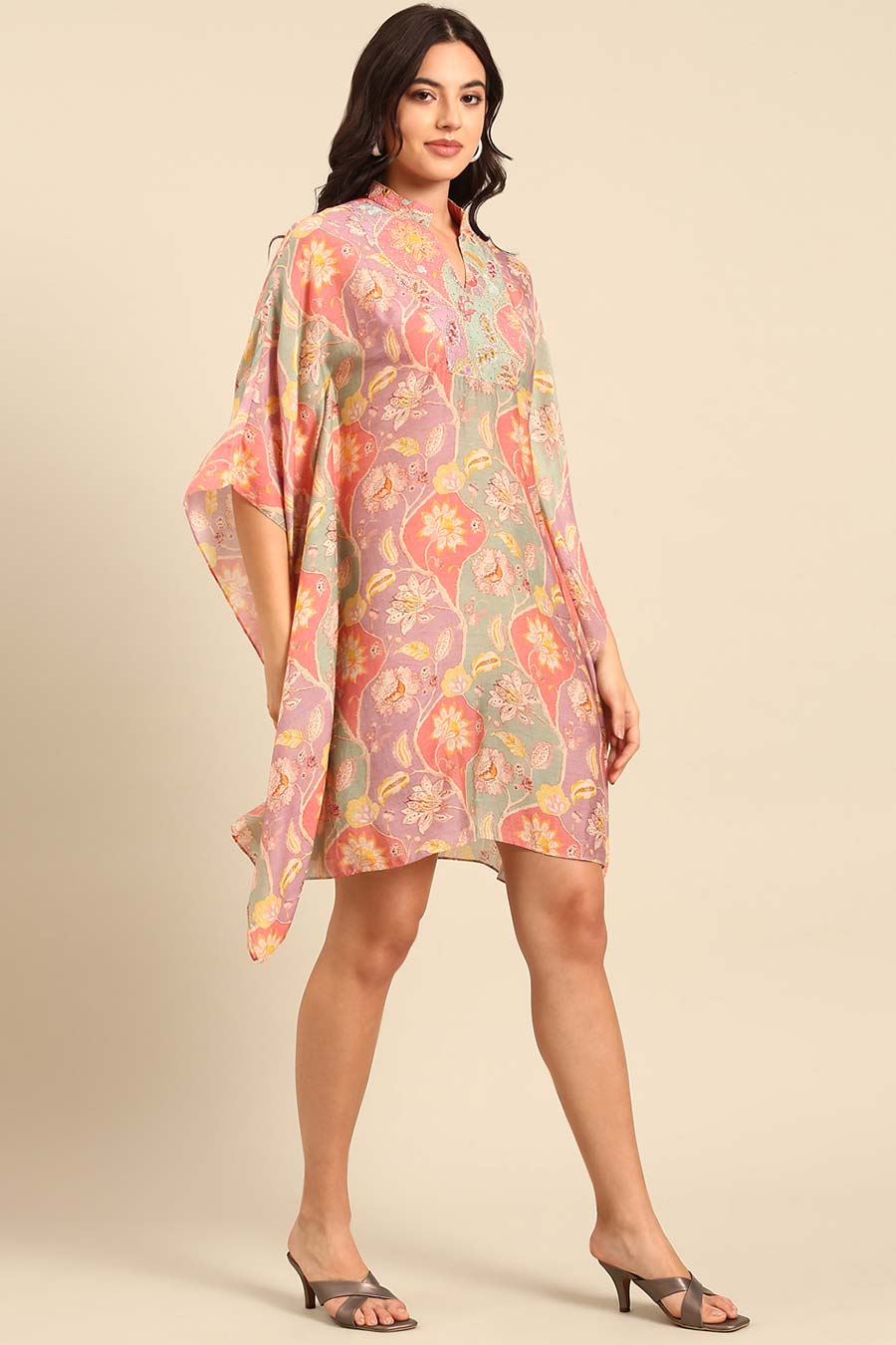 Peach Printed Kaftan Short Dress