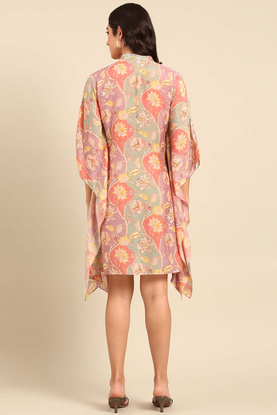 Peach Printed Kaftan Short Dress