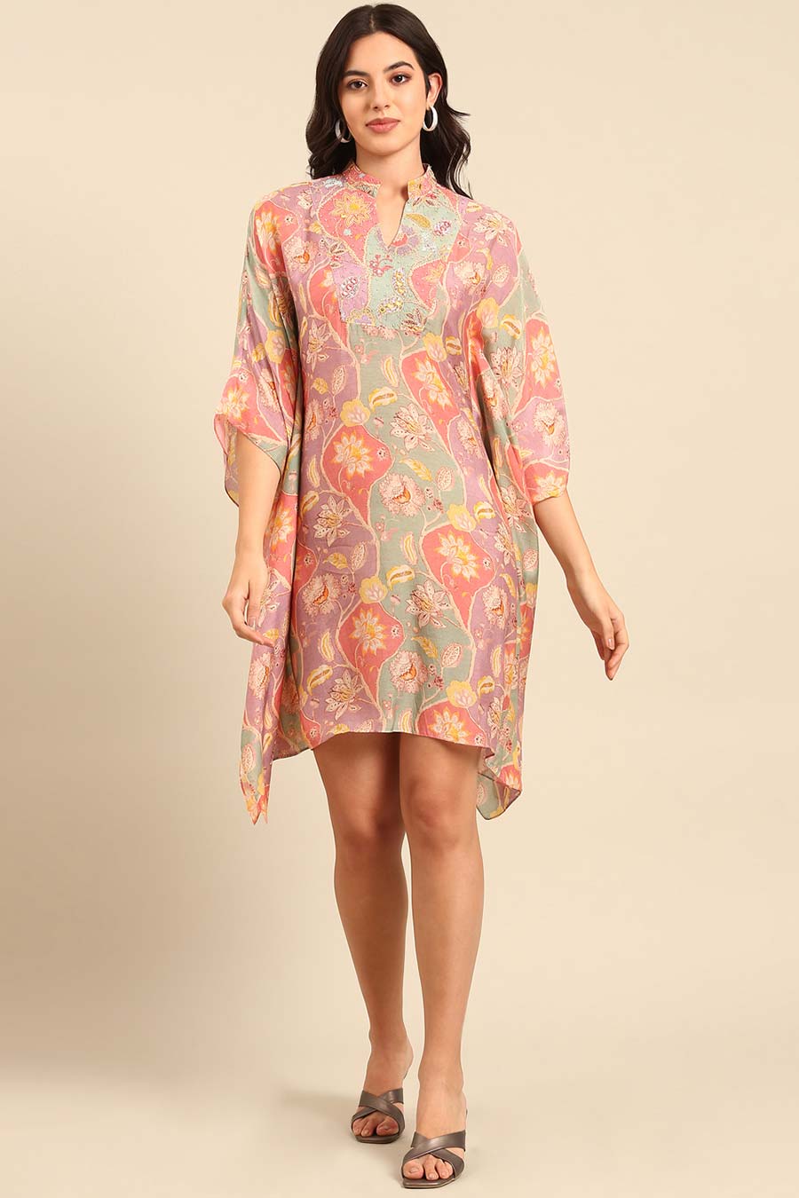 Peach Printed Kaftan Short Dress