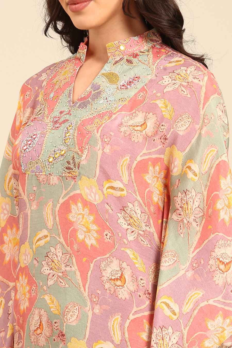 Peach Printed Kaftan Short Dress