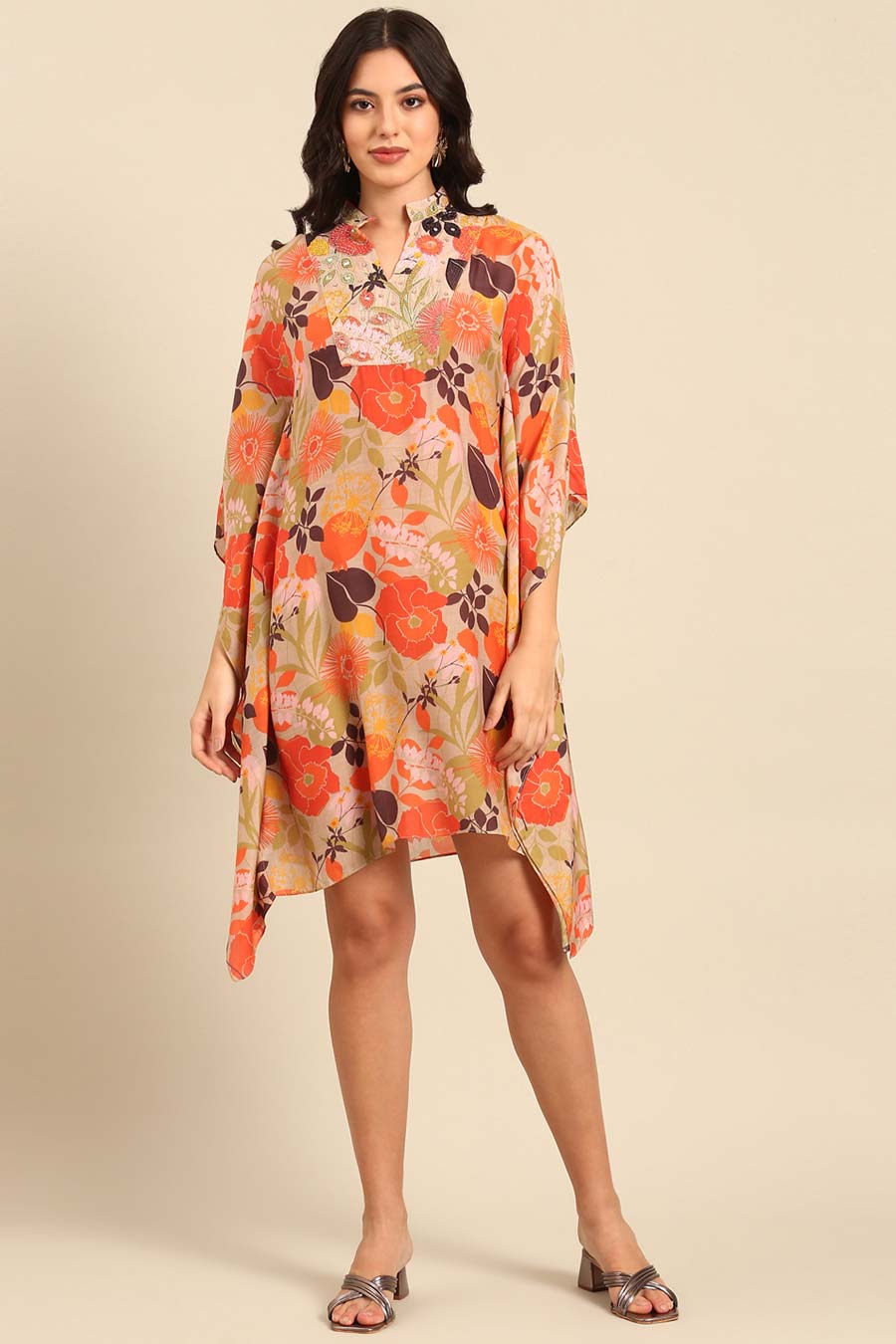 Orange Printed Kaftan Short Dress