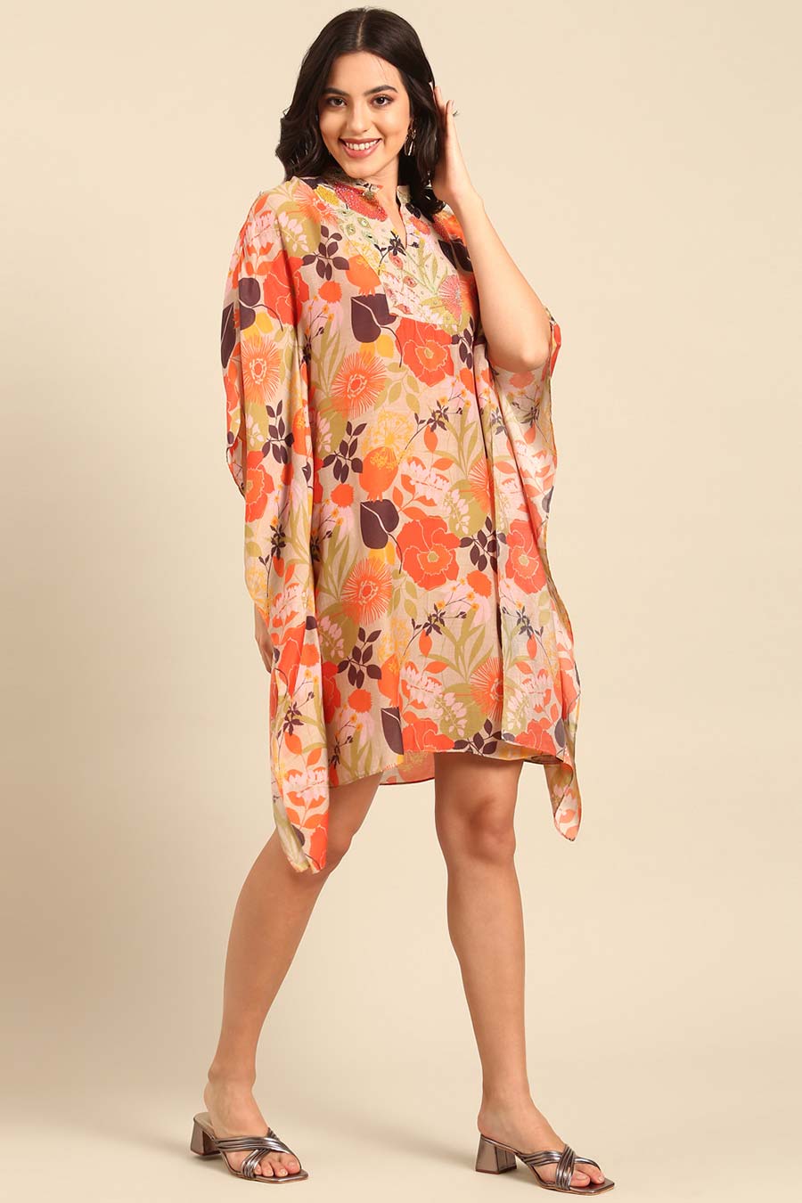 Orange Printed Kaftan Short Dress