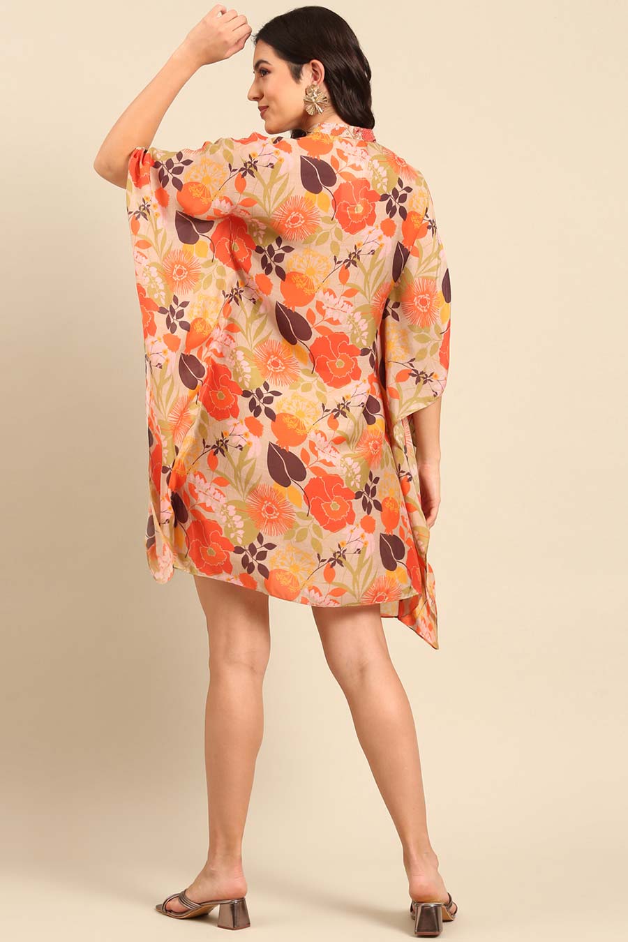 Orange Printed Kaftan Short Dress
