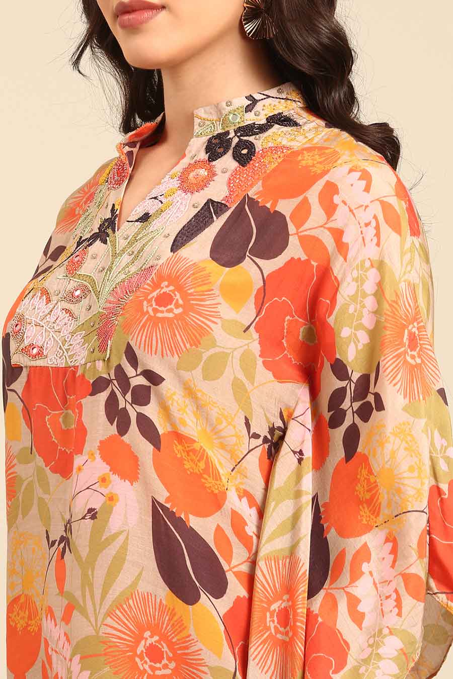 Orange Printed Kaftan Short Dress