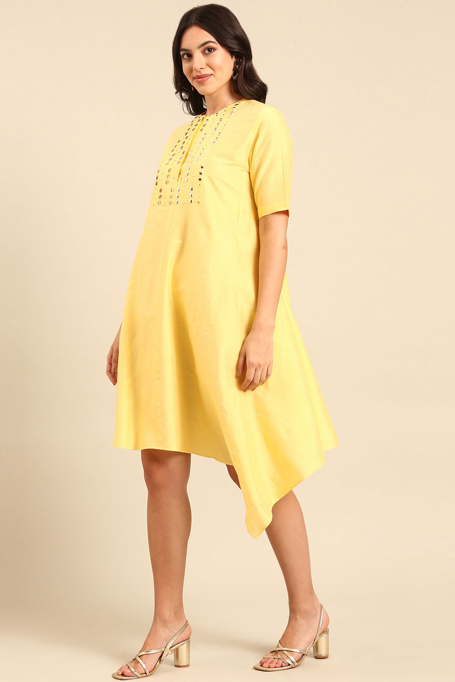 Yellow Embellished Asymmetric Dress