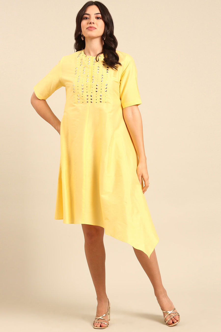 Yellow Embellished Asymmetric Dress