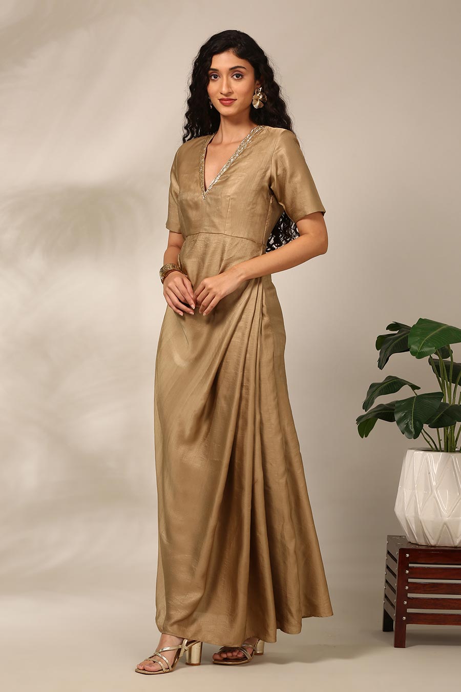 Beige Embellished Draped Dress