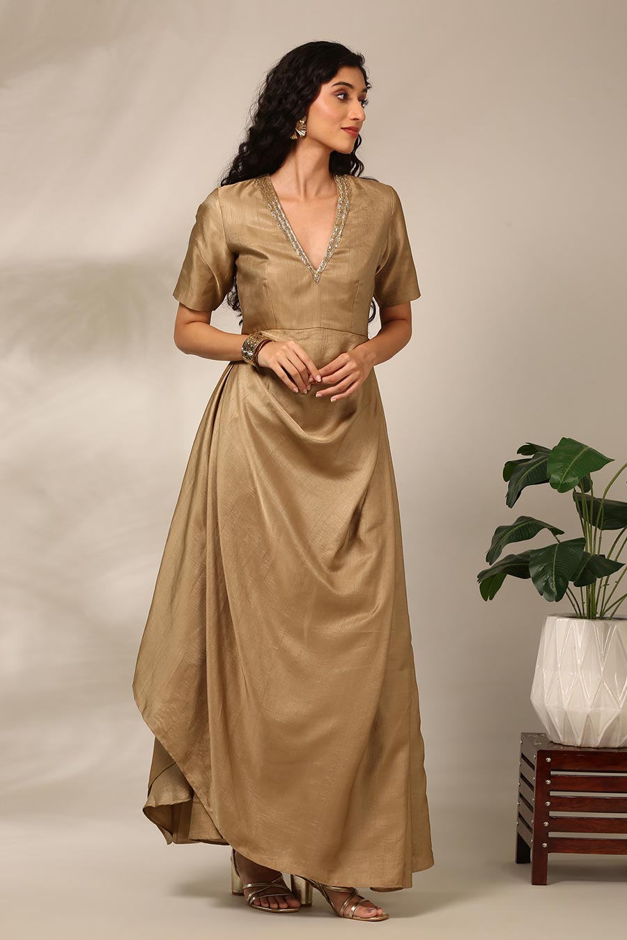 Beige Embellished Draped Dress